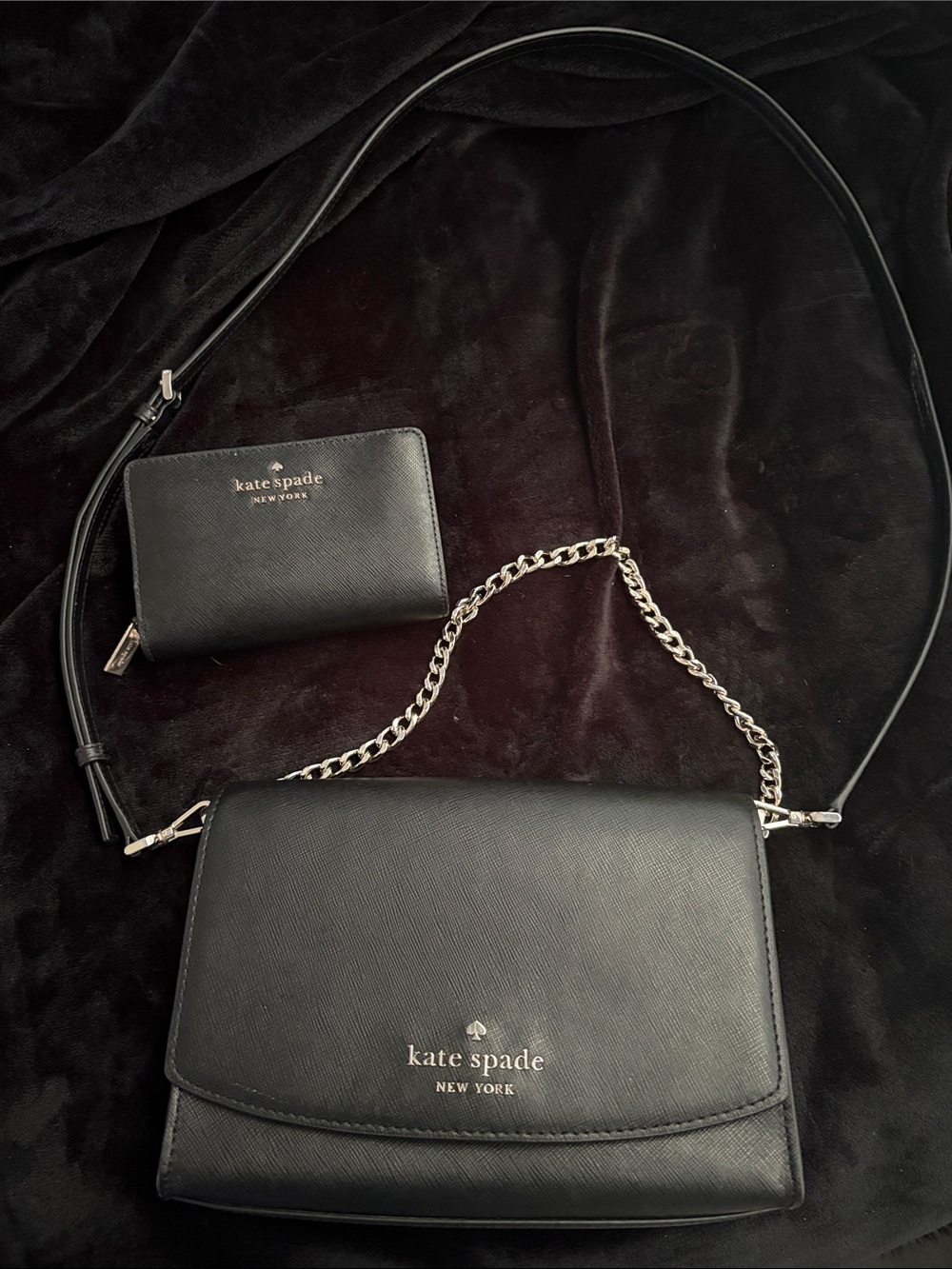 kate spade Black Leather Crossbody with Silver Chain Accent